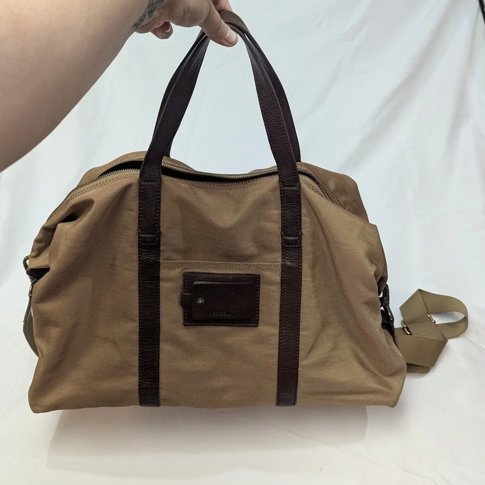 Fossil Duffle Bag Tan Canvas Brown Leather Trim Weekender Travel Luggage Large